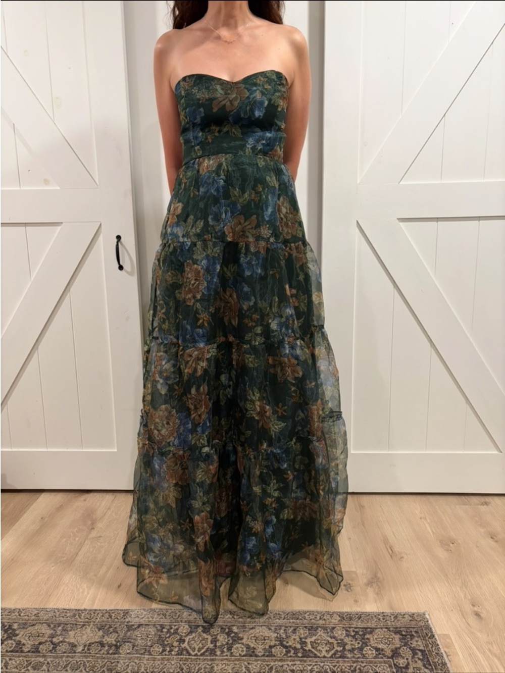 Lulu's Strapless Dark Green Floral Tiered Maxi Dress